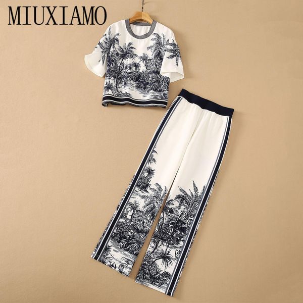 

pants miuximao 2022 lente/zomer kokospalm print + elastische taille broek broekpak twee delige set vrouwen casual suits vestides, White