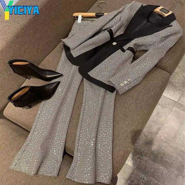 

yiciya women's two piece pants 2pcs v-neck bling sequins matching outfits women lady office business uniform blazer flared suit set wor, White