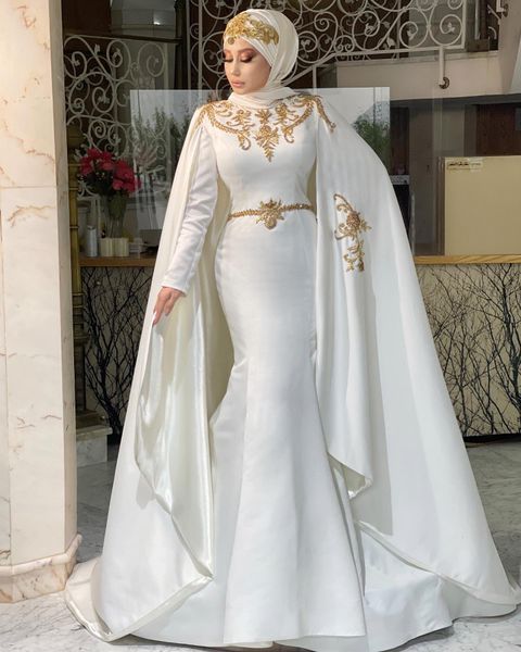 

elegant muslim hijab mermaid wedding dresses with long wrap ivory satin long sleeves ivory bridal gowns high neck islamic women formal wear, White