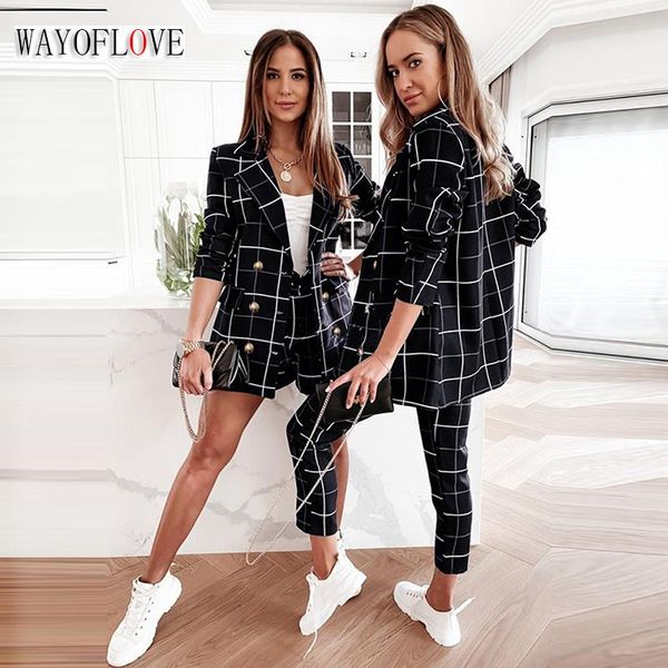 

pants wayoflove autumn winter plaid women's blazer set casual woman 2 pieces double breasted blazer and long pants office blazers sets, White