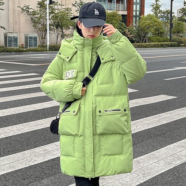 

leather 2022 winter new padded coat women's thickened loose warm coat midlength bread coat winter hooded women's padded jacket, Black