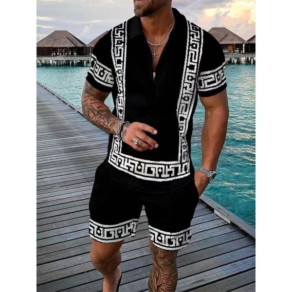 

mens tracksuits mens fashion polo shirt set men 3d printed vneck zipper short sleeve polo shirtshorts two pieces man vintage suit 230419, Gray