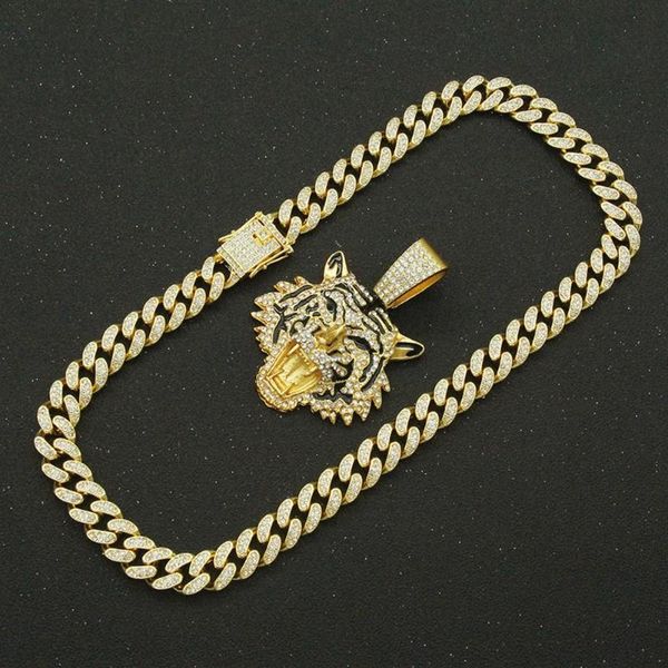 

pendant necklaces hip hop iced out cuban chains bling diamond animal tiger mens miami gold chain charm jewelry choker giftspendant325z, Silver