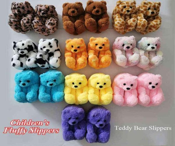 

kids soft antislip faux fur cute slippers winter warm shoes cartoon plush teddy bear slippers lovely plush furry fur slides h11151885852, Black