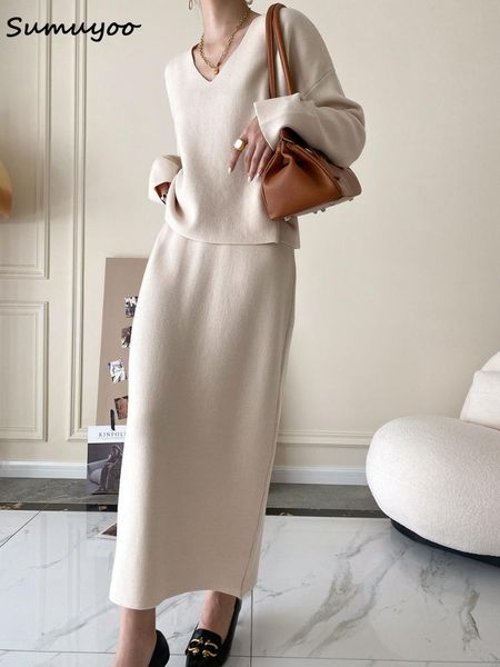 

dress sumuyoo 2022 autumn elegant knitted twopiece set vneck long sleeve high waist straight skirt knitted suit, White