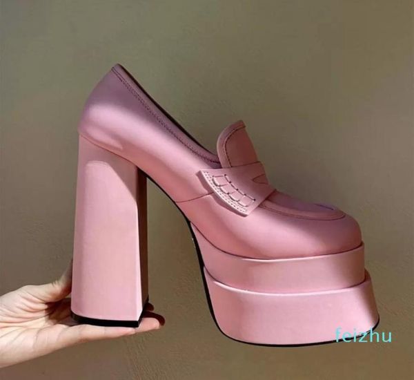 

2022 spring women dress shoes duble platform pumps genuine leather chunky high heels square toe calfskin pumps fo3697660, Black
