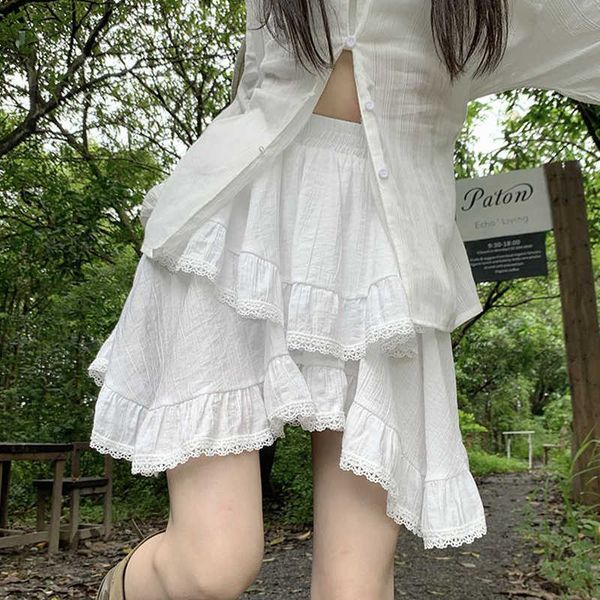 

s houzhou irregular ruffle mini women fairycore lace patchwork high waist 2layers boho white short skirt mori girl summer aa230420, Black