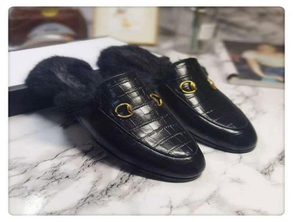 

women fur princetown mules autumn winter warm wool slippers classic metal buckle embroidery sandals men lace velvet slipper 35452544028, Black