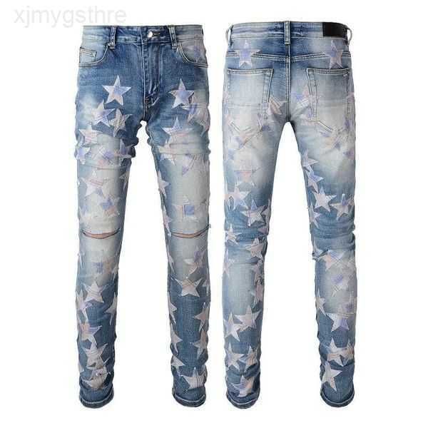 

mens jeans for guys rip slim fit skinny man pants orange star patches wearing biker denim stretch cult motorcycle trendy long straight hip h, Blue