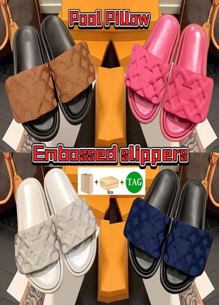 

with box pool pillow slippers comfort embossed mules flat designer slides womens shoes summer luxury sandals white printed copper 6107358, Black