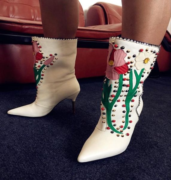 

white black genuine leather rivet flower boots thin high heel pointed toe fashion boot women evening party booties winter shoe6597585