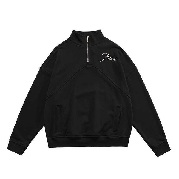 

designer clothing hoodies fashion sweatshirts rhude trend brand autumn casual signature letter embroidered loose standing neck half zipper p, Black