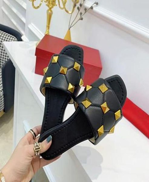 

designer sandal roman stud slide sandal women nappa rivet slippers summer flats high heels with maxi rhombus studs wit7303375, Black