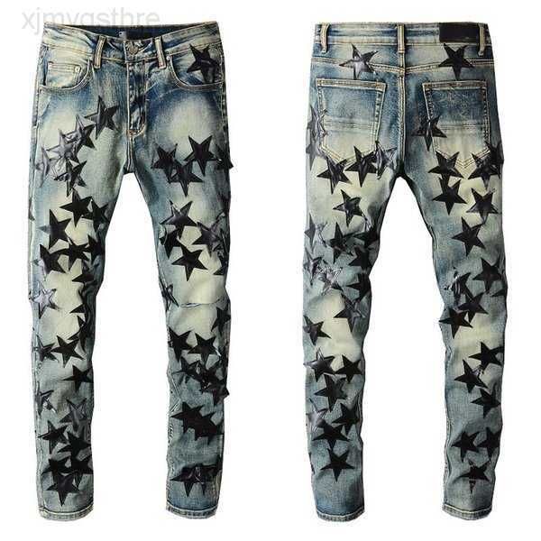 

mens jeans for guys rip slim fit skinny man pants orange star patches wearing biker denim stretch cult motorcycle trendy long straight hip h, Blue