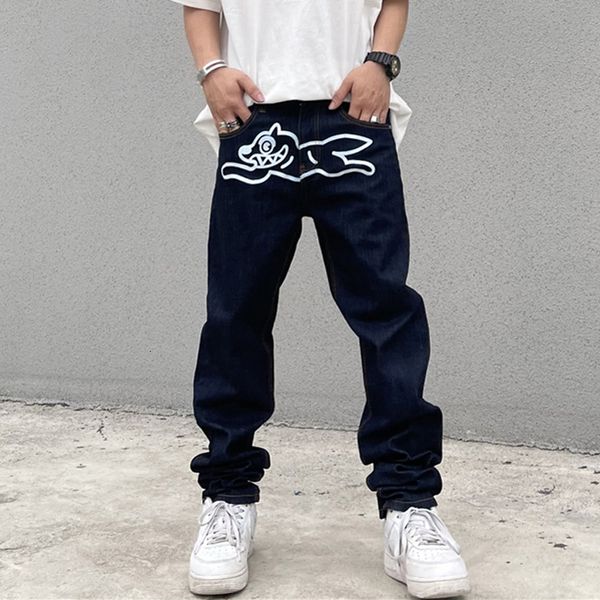 

mens jeans flying dog print loose retro high street straight pants harajuku washed casual hip hop ropa hombre 230420, Blue