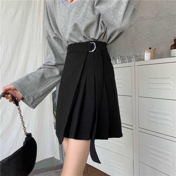 

houzhou black pleated skirt women autumn winter 2021 new korean style irregular high waisted aline mini skirts for girls casual aa230420