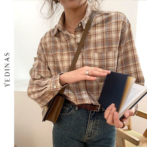 

men's swimwear yedinas vintage shirt women korean style long sleeve shirts elegant female plaid blouse harajuku blusas ropa de mujer 2