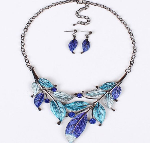 

new europe vintage party casual jewelry set women039s colorful drop glaze leaves necklaces with earrings s992523241, Silver