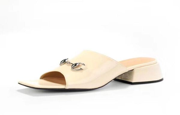 

beach slippers summer designer women shoes coarser heel flops 100 patent leather lady half slipper metal luxury high heeled sanda9728700, Black