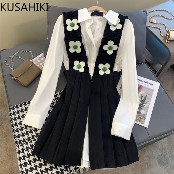 

dress kusahiki 2022 autumn women sets chic flowers aline pleated tank dress + long sleeve turndown collar long blouse new outfits, White