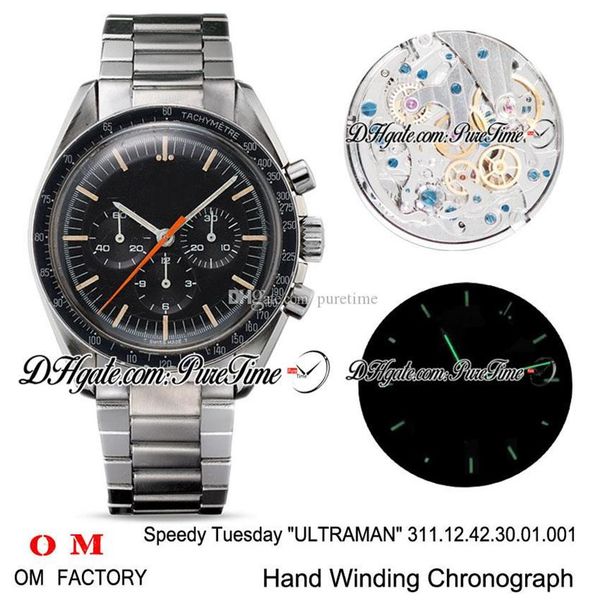 

omf moonwatch speedy tuesday 2 ultraman manual winding chronograph mens watch black dial stainless steel bracelet edition new183p, Slivery;brown