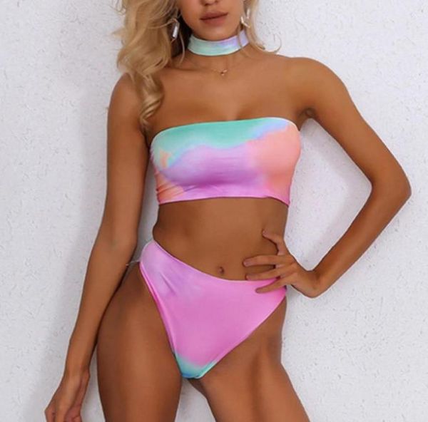 

2021 summer women039s tiedye gradual split strapless beach swimsuit threepiece set swim wear ready to ship2537270