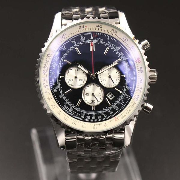 

new mens quartz watch chronograph 46mm black dial 316l silver steel strap sapphire solid strap mens sports watch2957, Slivery;brown