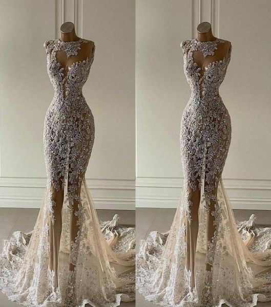 

2021 new crystal mermaid wedding dresses see through lace appliqued bridal gowns luxurious sequined dubai wedding dress customise6272864, White