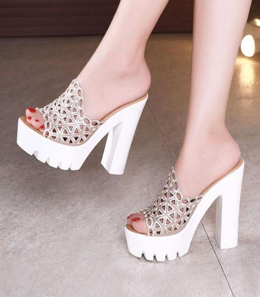 

slippers women plus size block heel wedding high gold color cut out platform shoes summer hollow sandals and1020718, Black