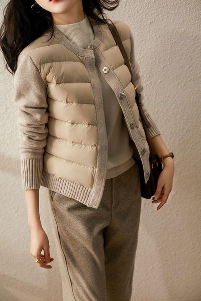 

leather 2022 women autumn winter jacket patchwork knitted cotton padded coat parka womens jackets, Black
