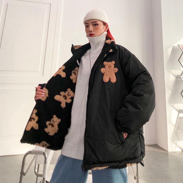 

leather chic stand collar reversible cottonpadded coat women full cartoon bears printed heated parka jacket korean winter warm clothes, Black