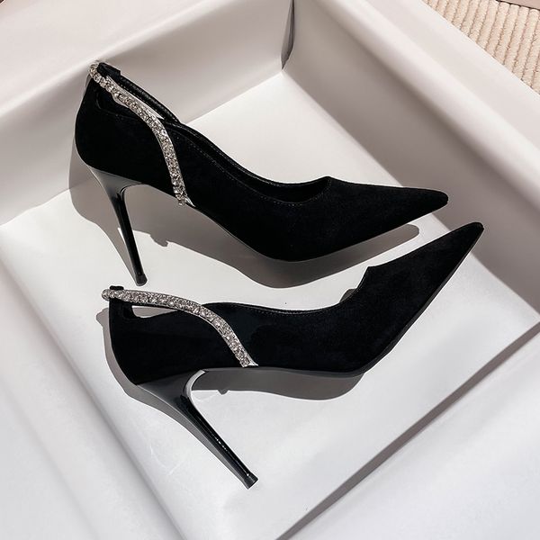 

dress shoes fahison crystal thin heels pumps women spring slip-on flock high heels shoes woman pointed toe green party shoes 230419, Black