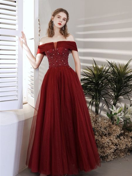 

elegant wine red cocktail dress lace party vintage boat neck sequined off shoulder bride celebrity a line long evening gowns 2023, Black