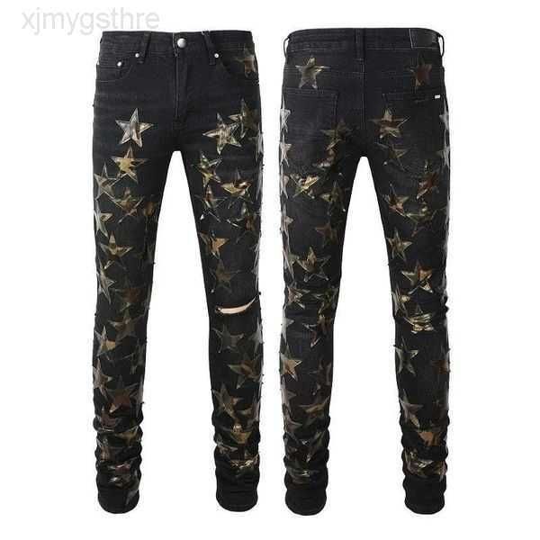

mens jeans for guys rip slim fit skinny man pants orange star patches wearing biker denim stretch cult motorcycle trendy long straight hip h, Blue