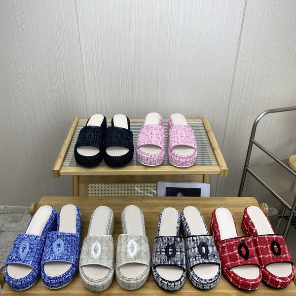 

tweed leather women slippers weave braided interlocking c sandals woolen chain knit platform wedges slippers pool slides ladies beach flip f, Black