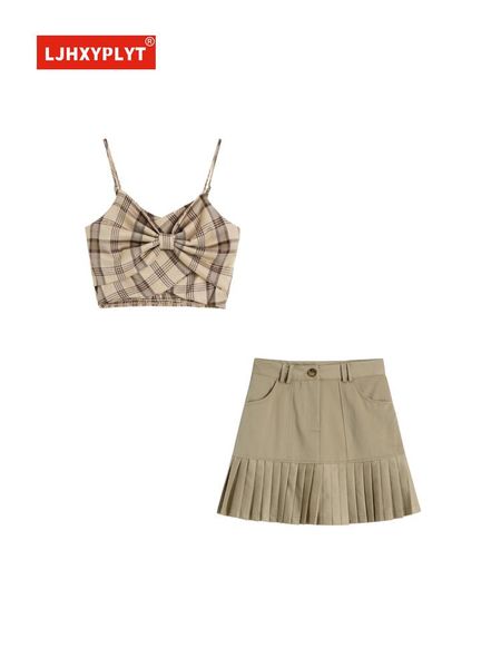 

dress plaid bow suspender vest + pleated skirt high waist aline short skirt summer dress new temperament twopiece skirt women's, White