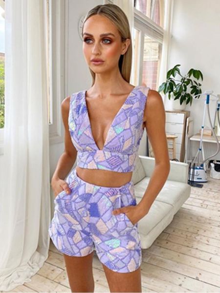 

dress women summer v neck mesh sequins glitter purple two piece shorts pants set 2022 celebrity designer fashion women's set, White