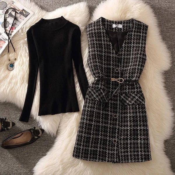 

vests vintage midlength plaid tweed vest jacket women korean 2 piece set elegant design unlined waistcoat and black sweater suit 2022, Black;white
