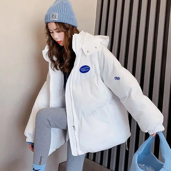 

leather 2022 new short winter jacket women warm hooded down cotton puffer jacket parkas female loose outwear jackets cottonpadded coats, Black