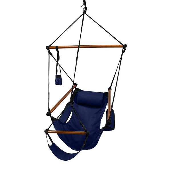 

hanging hammock camp air chair, wooden dowels, blue