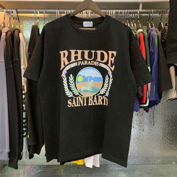 

designer fashion clothing tees hip hop tshirts rhude sunset beach comfortable pattern printing pure cotton casual loose t-shirt men women su, White;black