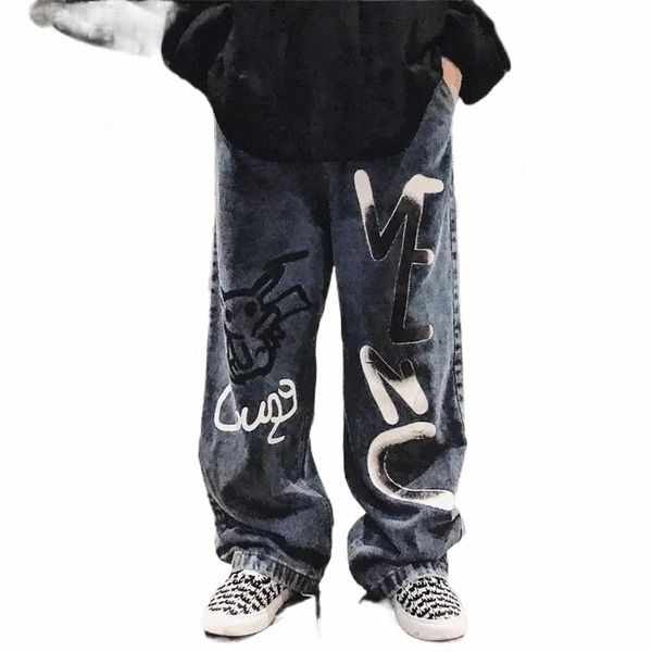 

womens jeans hiphop men streetwear harajuku vintage alt jeans women graffiti wide leg baggy straight denim pants cartoon grunge trousers y2k, Blue
