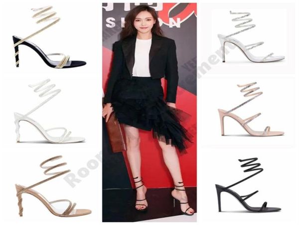 

2022 margot jewel sandals snake twining elegant sandal cleo stiletto high heel rene caovilla crystal gold rhinestone dress shoes s4484929, Black