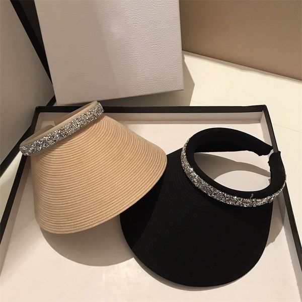 

shiny diamond visors caps women hollow hat summer golf visor sun protection weaving sun hat outdoor travel straw hats casquette, Blue;gray