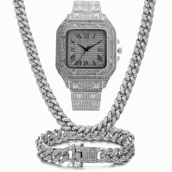 

chains iced out chain bling miami cuban link rhinestone watch necklaces bracelet women men jewelry set hip hop choker199v, Silver