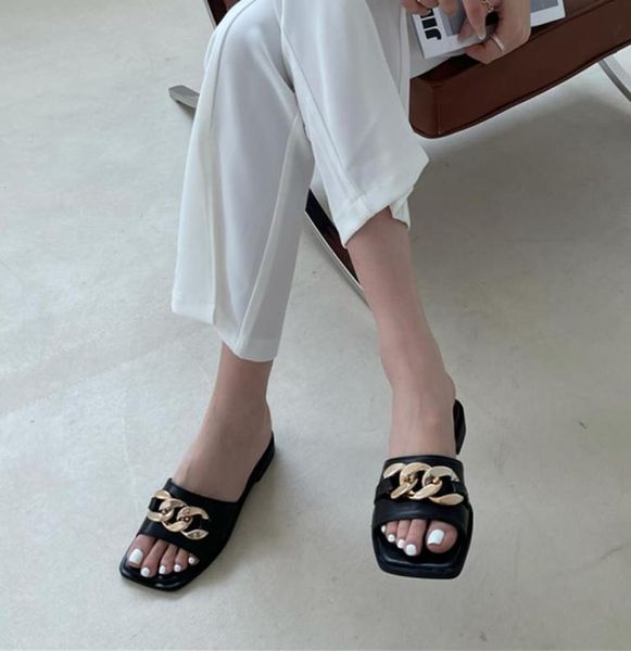 

summer new gold chain slippers slides shoes low heel open toe outdoor flip flops sandals comfy casual shoes women size42 black9000338, Black