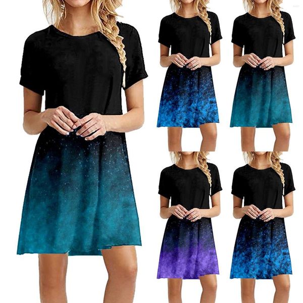 

casual dresses women summer beach round neck short sleeve skirt gradient pattern printed dress, Black;gray