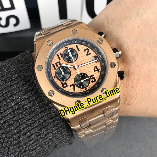 

new royal 26470or oo 1000or 01 gold texture dial black subdial miyota quartz chronograph mens watch rose gold case band watches pu257e, Slivery;brown
