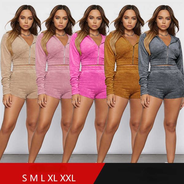 

women's explosive two-piece european and american large size women's hooded long-sleeved tight-fitting solid color shorts, White