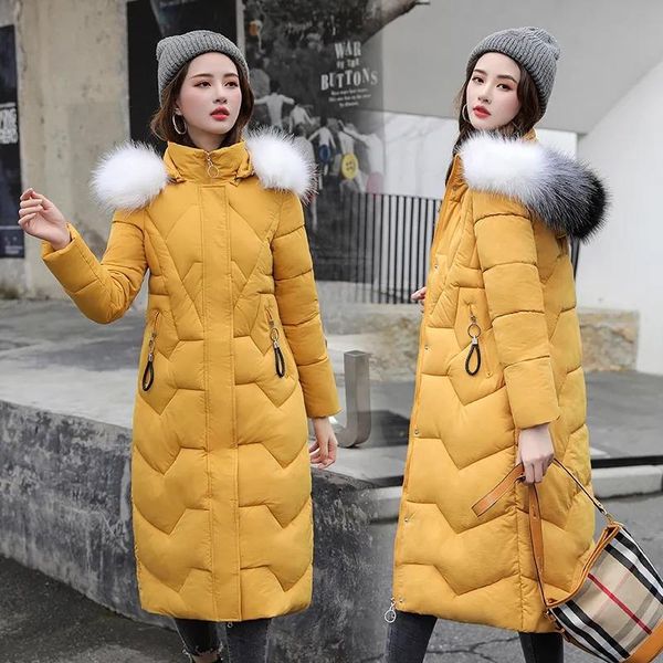 

leather women winter jacket parkas 2021 new long coat fur collar hooded overcoat female warm cotton padded parka outwear plus size 3xl, Black